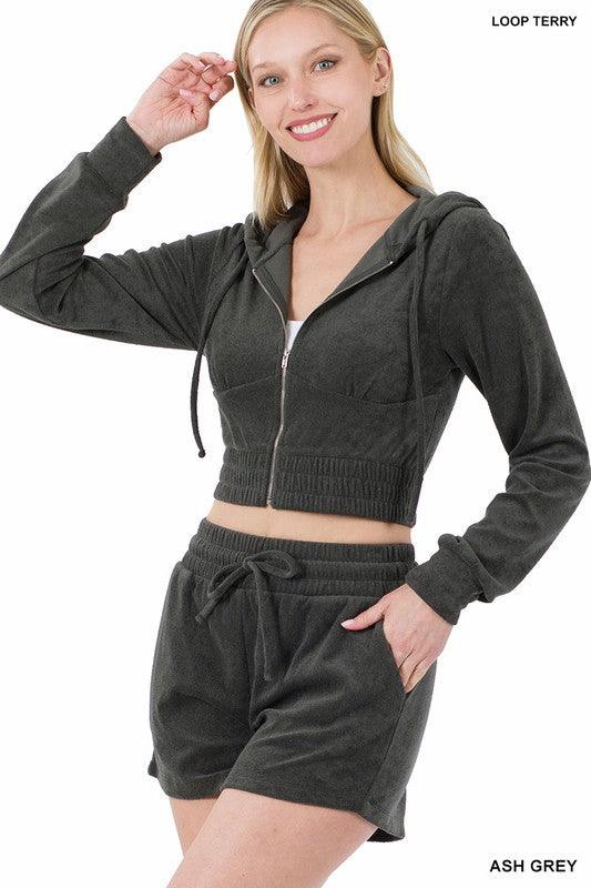 Loop Terry Zip-Up Cropped Hoodie and Short Set Short Set ZENANA