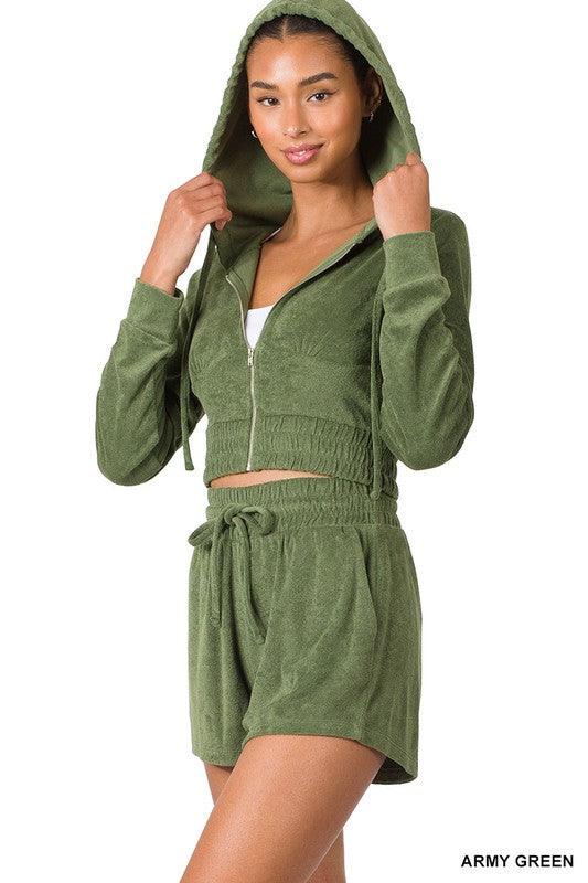 Loop Terry Zip-Up Cropped Hoodie and Short Set Short Set ZENANA