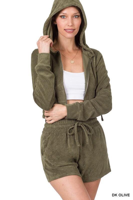 Loop Terry Zip-Up Cropped Hoodie and Short Set Short Set ZENANA