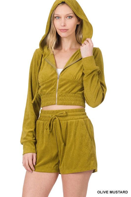 Loop Terry Zip-Up Cropped Hoodie and Short Set Short Set ZENANA