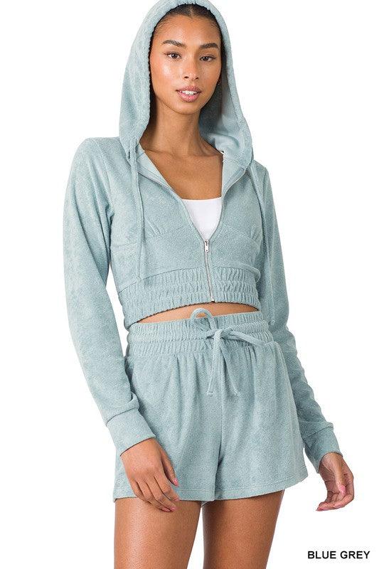 Loop Terry Zip-Up Cropped Hoodie and Short Set Short Set ZENANA