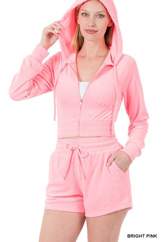 Loop Terry Zip-Up Cropped Hoodie and Short Set Short Set ZENANA
