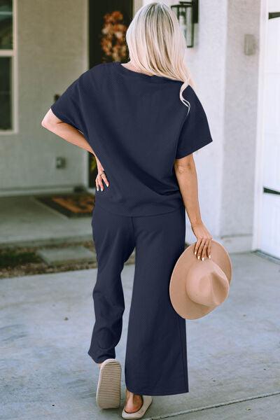 Texture Short Sleeve Top and Pant Set Pant Set Trend