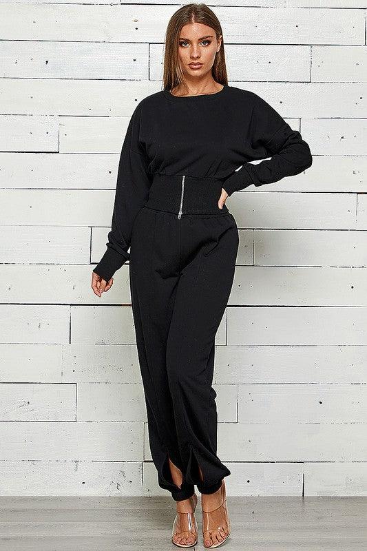 Zip Front Slit Sweatshirt & Jogger Set Pant Set Shop Michella