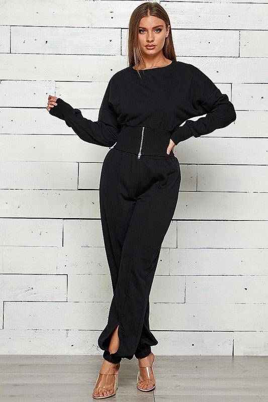 Zip Front Slit Sweatshirt & Jogger Set Pant Set Shop Michella