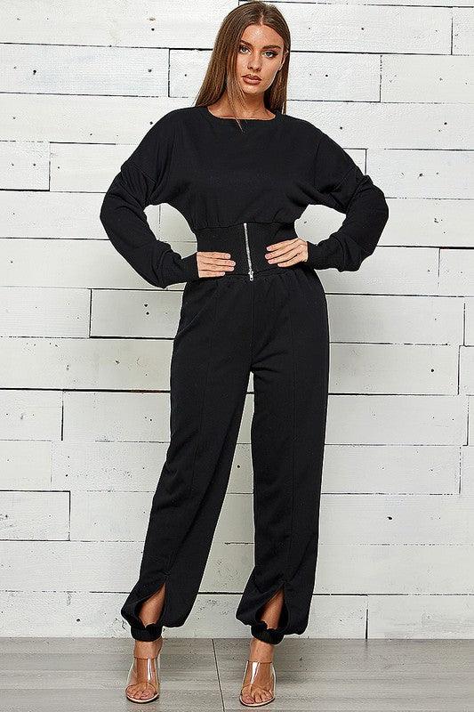Zip Front Slit Sweatshirt & Jogger Set Pant Set Shop Michella