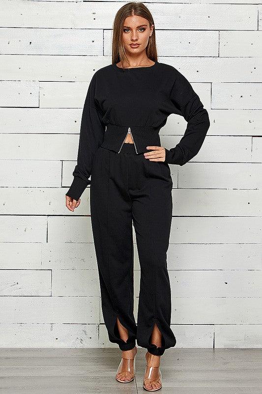 Zip Front Slit Sweatshirt & Jogger Set Pant Set Shop Michella