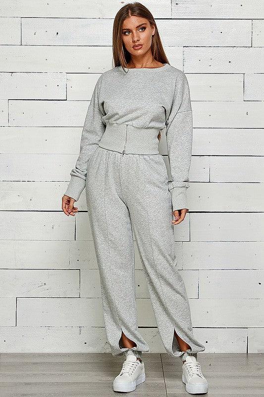 Zip Front Slit Sweatshirt & Jogger Set Pant Set Shop Michella