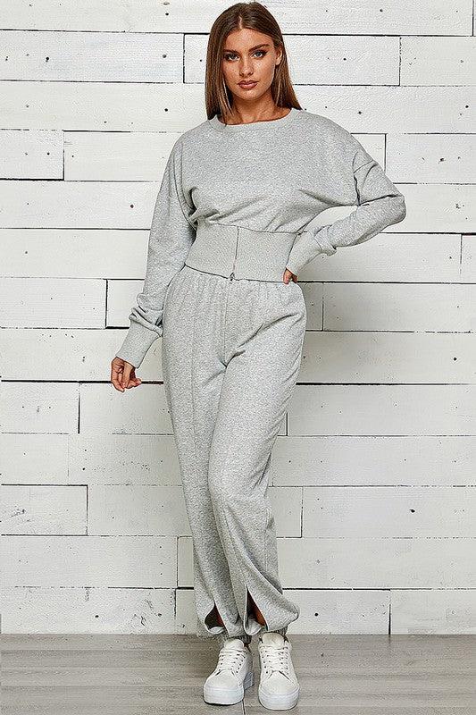 Zip Front Slit Sweatshirt & Jogger Set Pant Set Shop Michella