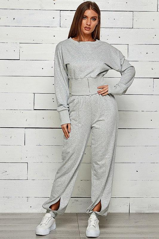 Zip Front Slit Sweatshirt & Jogger Set Pant Set Shop Michella