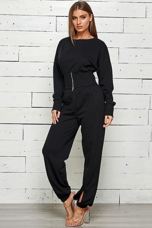 Zip Front Slit Sweatshirt & Jogger Set Pant Set Shop Michella