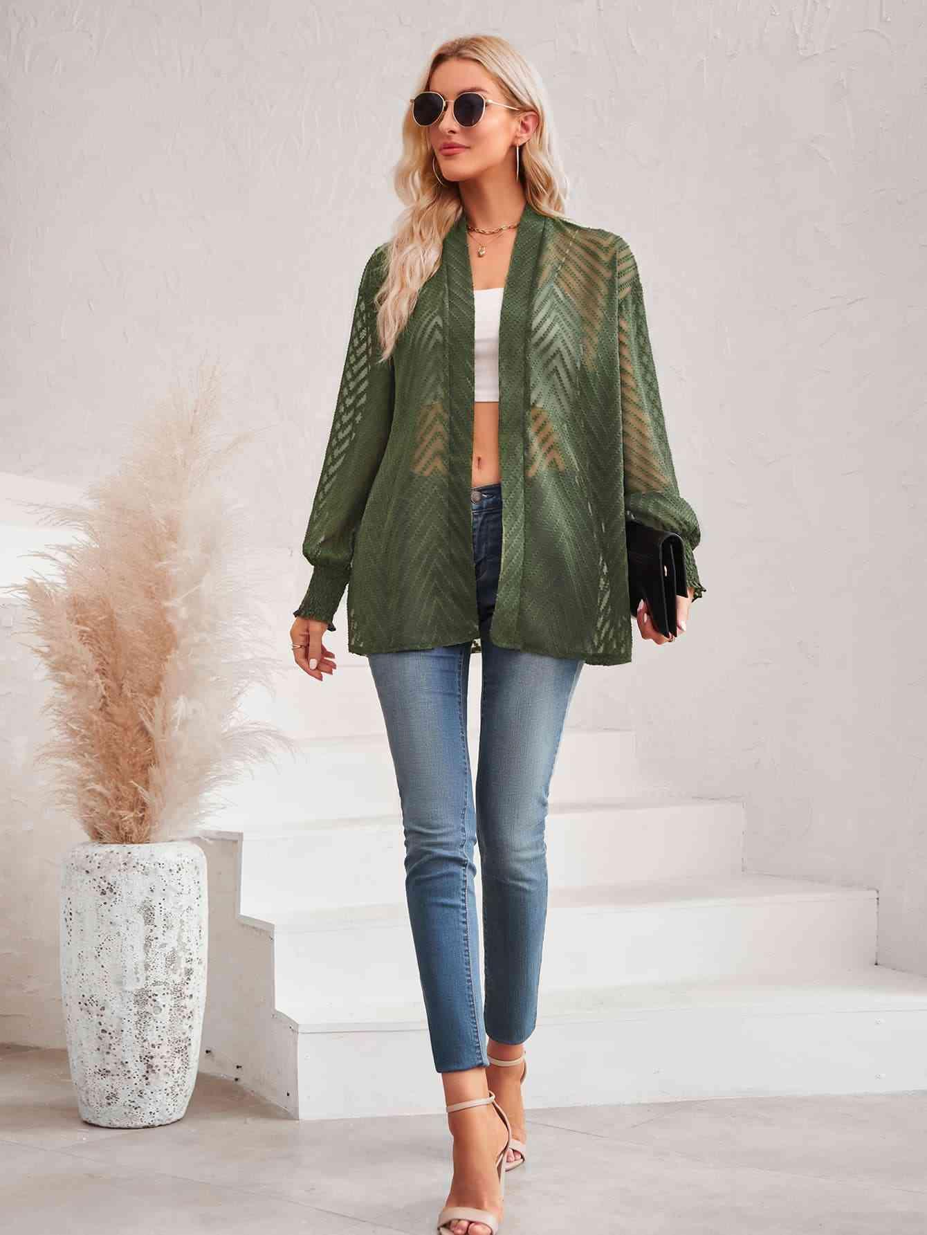 Lantern Sleeve Open Front Sheer Cardigan Cardigans Trend