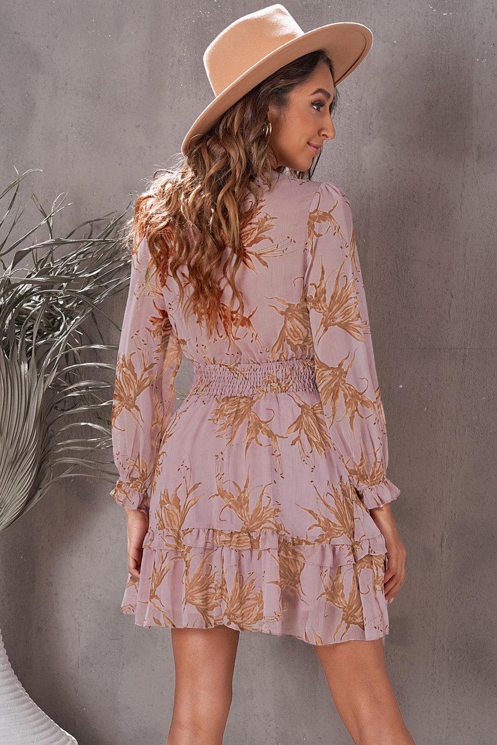 Floral Deep V Flounce Sleeve Mini Dress Dresses White