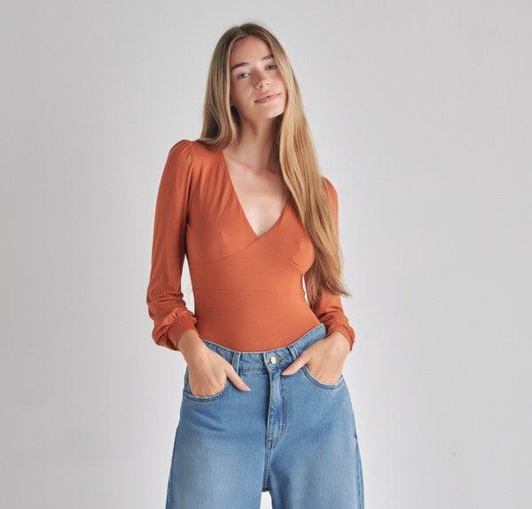 Romantic V-Neck Balloon Sleeve Tie-Back Bodysuit Bodysuits O2 Denim Copper L