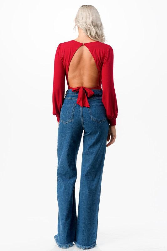 Romantic V-Neck Balloon Sleeve Tie-Back Bodysuit Bodysuits O2 Denim