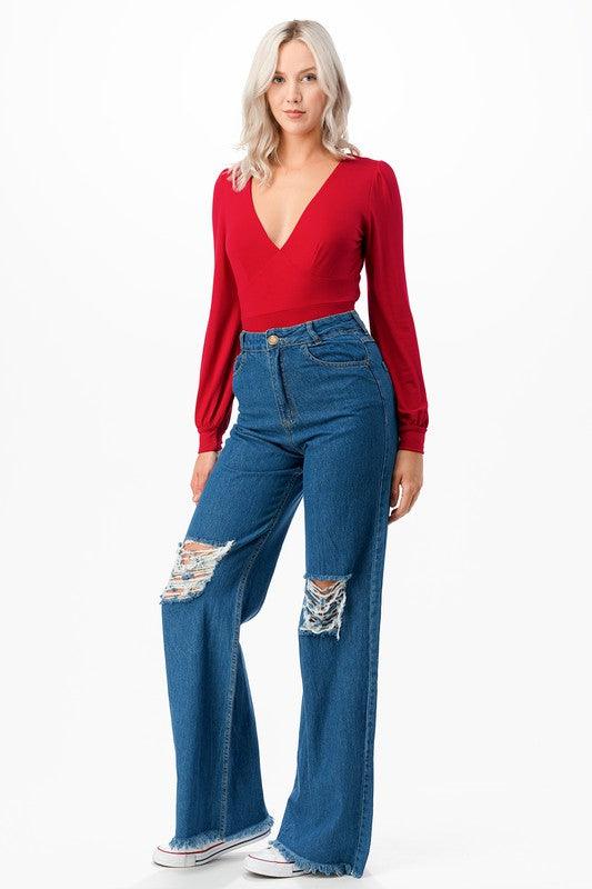 Romantic V-Neck Balloon Sleeve Tie-Back Bodysuit Bodysuits O2 Denim