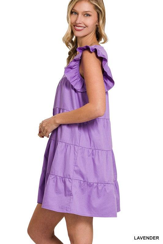 Ruffled Cap Sleeve Babydoll Tiered Mini Dress Dresses ZENANA LAVENDER S