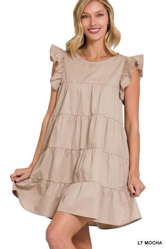 Ruffled Cap Sleeve Babydoll Tiered Mini Dress Dresses ZENANA LT MOCHA S