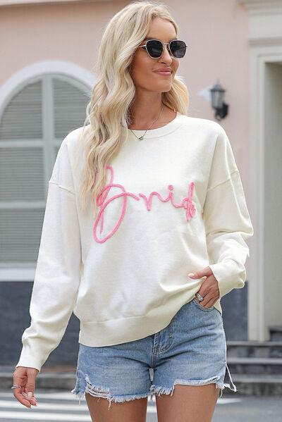 Letter Graphic Round Neck Sweater Sweaters Trends White S