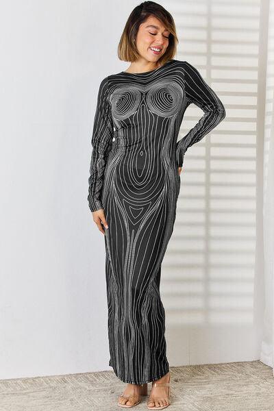Cutout Round Neck Long Sleeve Maxi Dress Dresses Trendsi Charcoal S