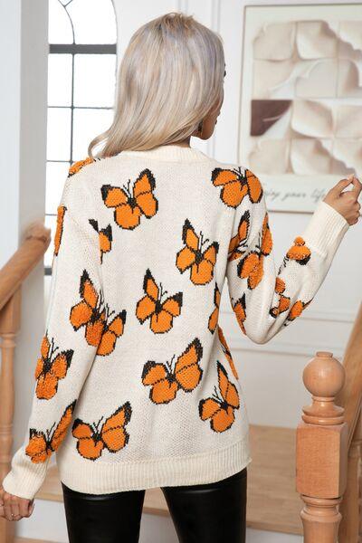Butterfly Round Neck Long Sleeve Sweater Sweaters Trend