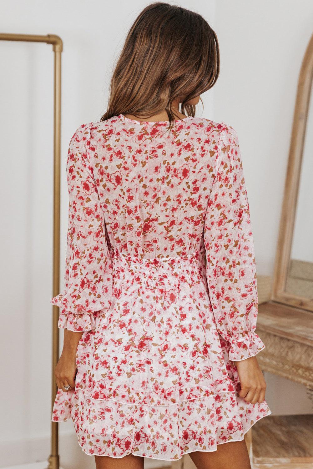 Floral Deep V Flounce Sleeve Mini Dress Dresses White