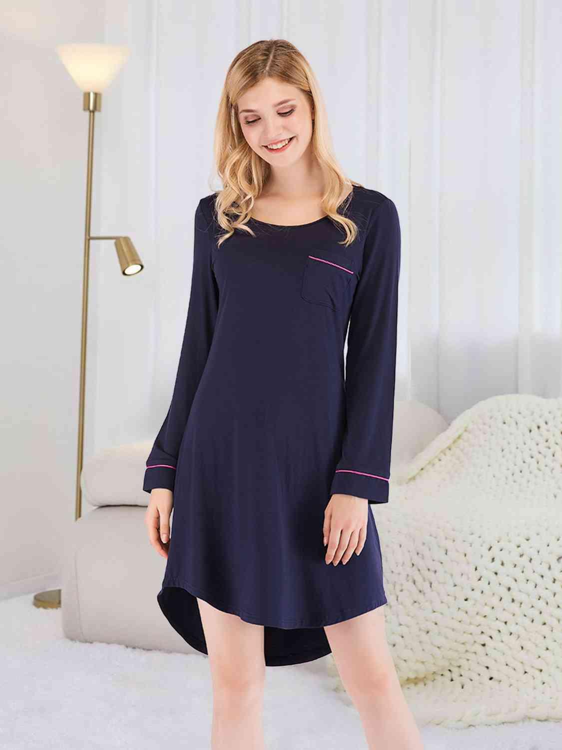 Round Neck Night Dress with Pocket Loungewear Trendsi Dark Navy S