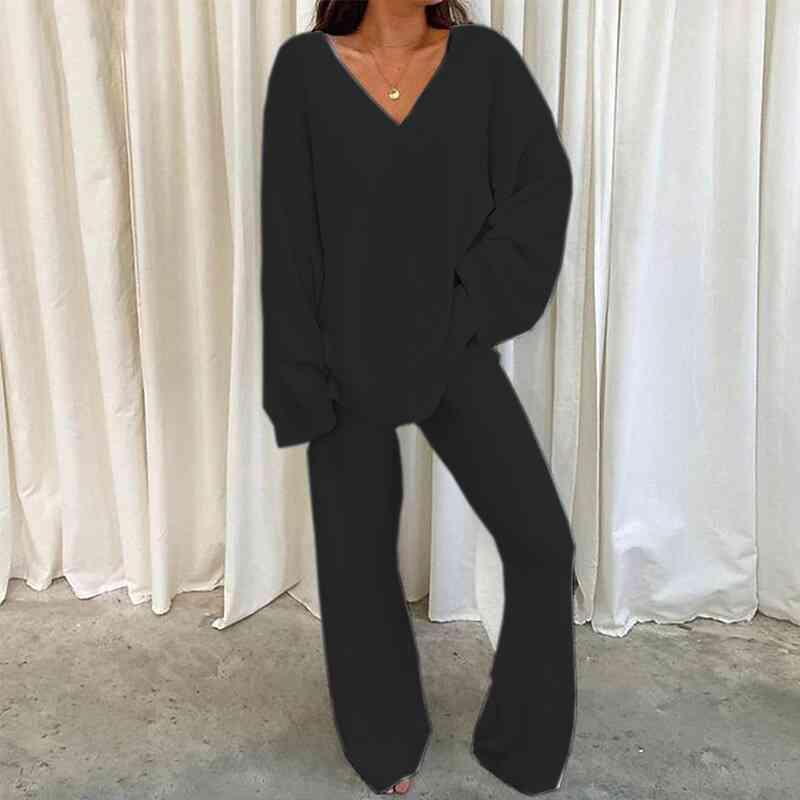 V-Neck Long Sleeve Top and Long Pants Set Pant Set Trends Black S