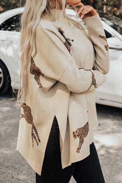Animal Pattern Mock Neck Long Sleeve Slit Sweater Sweaters Trend