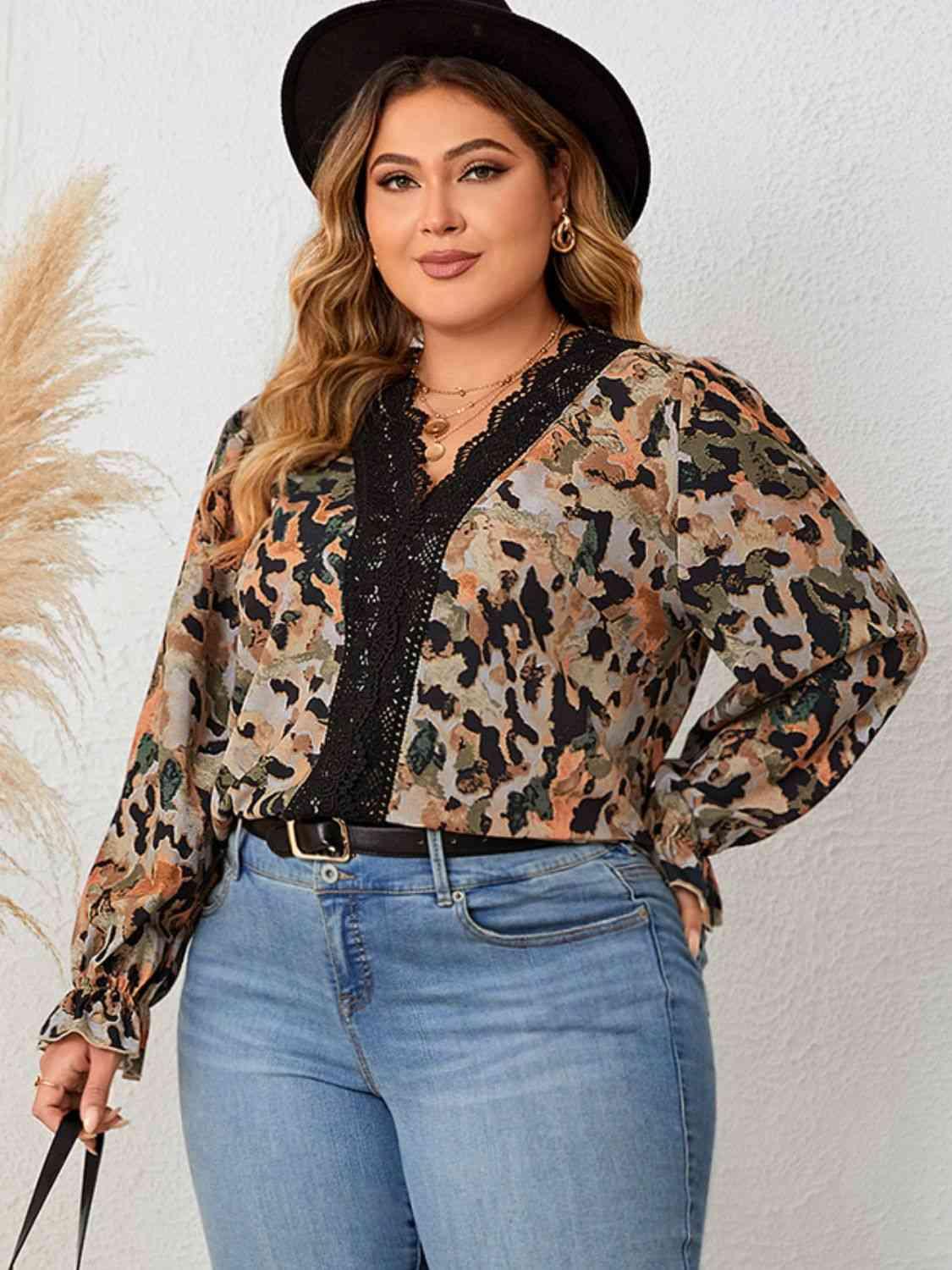 Plus Size Lace Trim Flounce Sleeve Blouse Blouses Trendsi Leopard 1XL