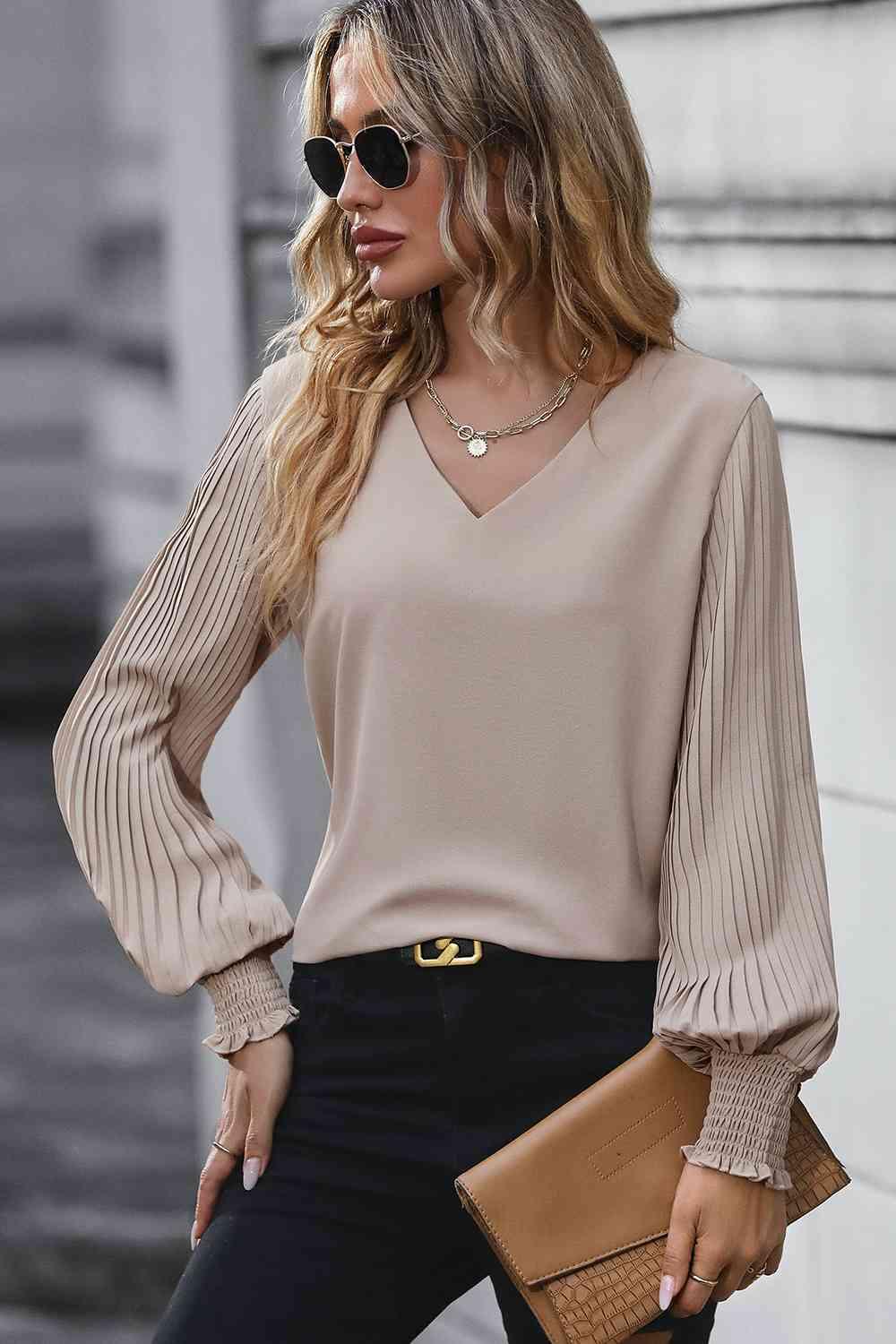 Pleated Lantern Sleeve V-Neck Blouse Blouses Trendsi
