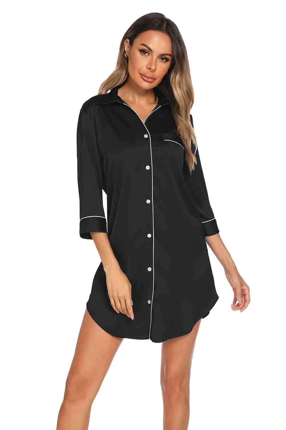 Button Up Collared Neck Night Dress with Pocket Loungewear Trend