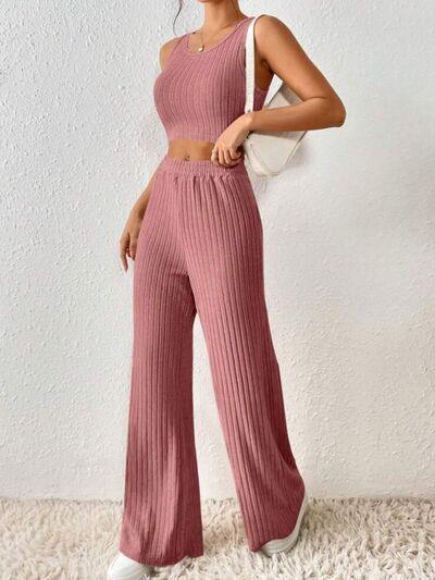 Ribbed Round Neck Tank and Pants Sweater Set Pant Set Trends Light Mauve S