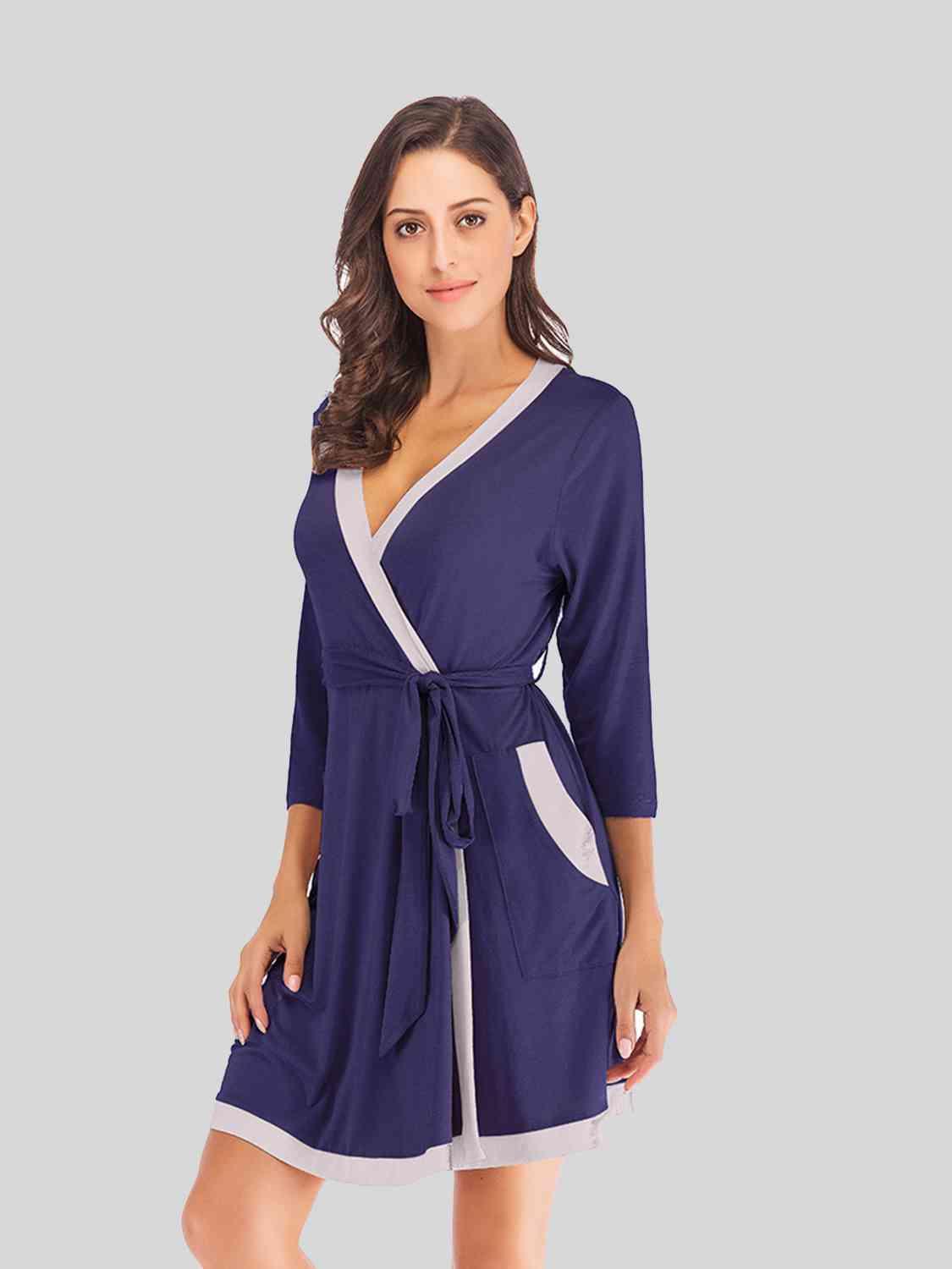 Tie Waist Surplice Neck Robe with Pockets Loungewear Trendsi Navy S