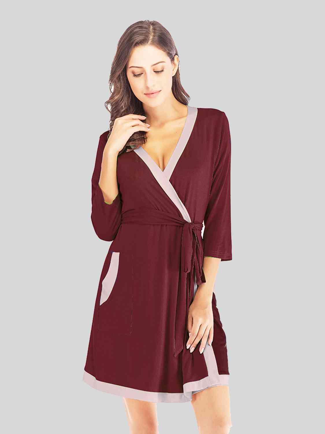Tie Waist Surplice Neck Robe with Pockets Loungewear Trendsi Wine S