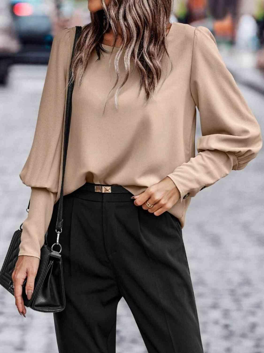 Round Neck Lantern Sleeve Blouse Blouses Trends