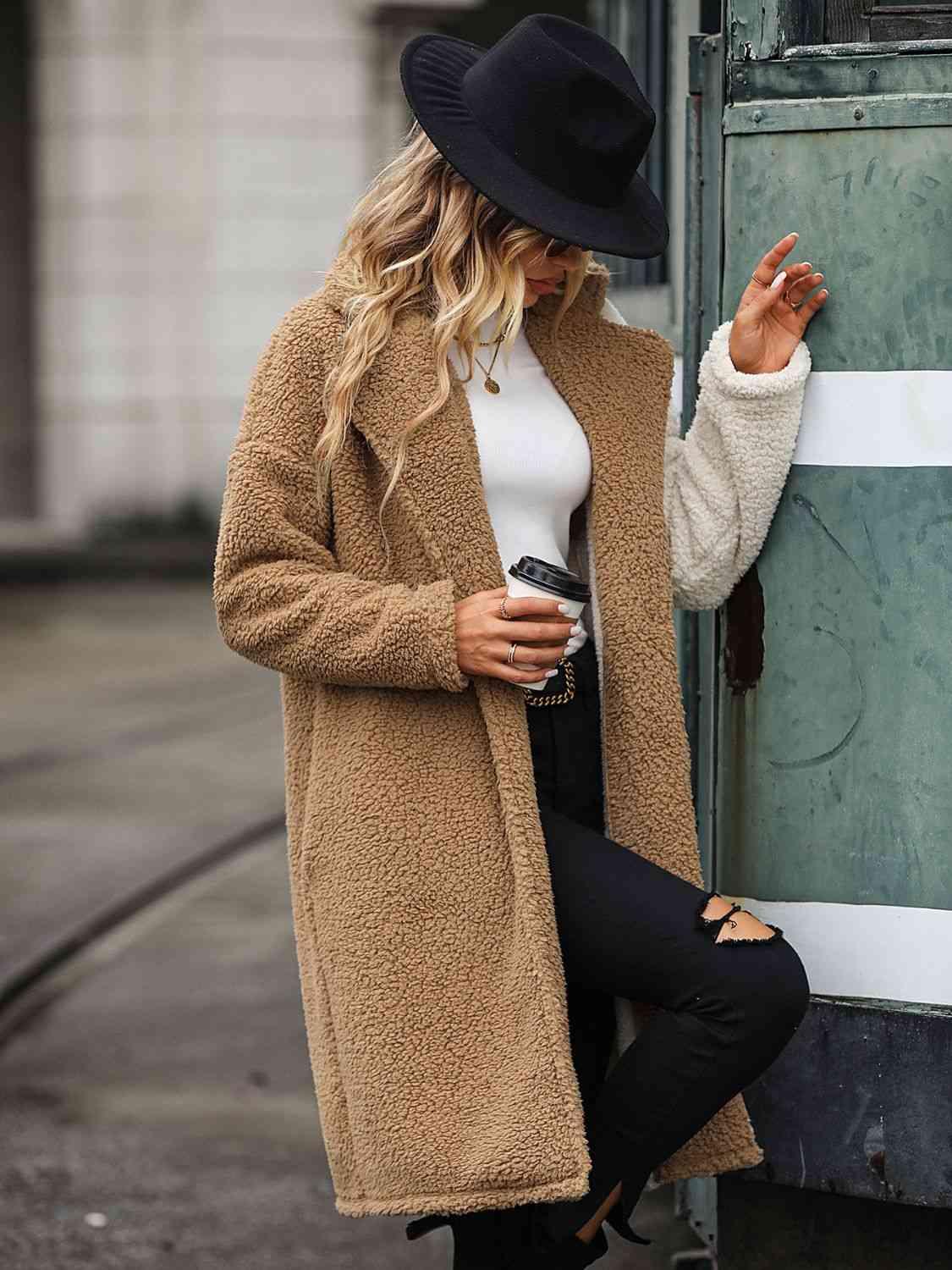 Color Block Drop Shoulder Sherpa Coat Coats Trendsi