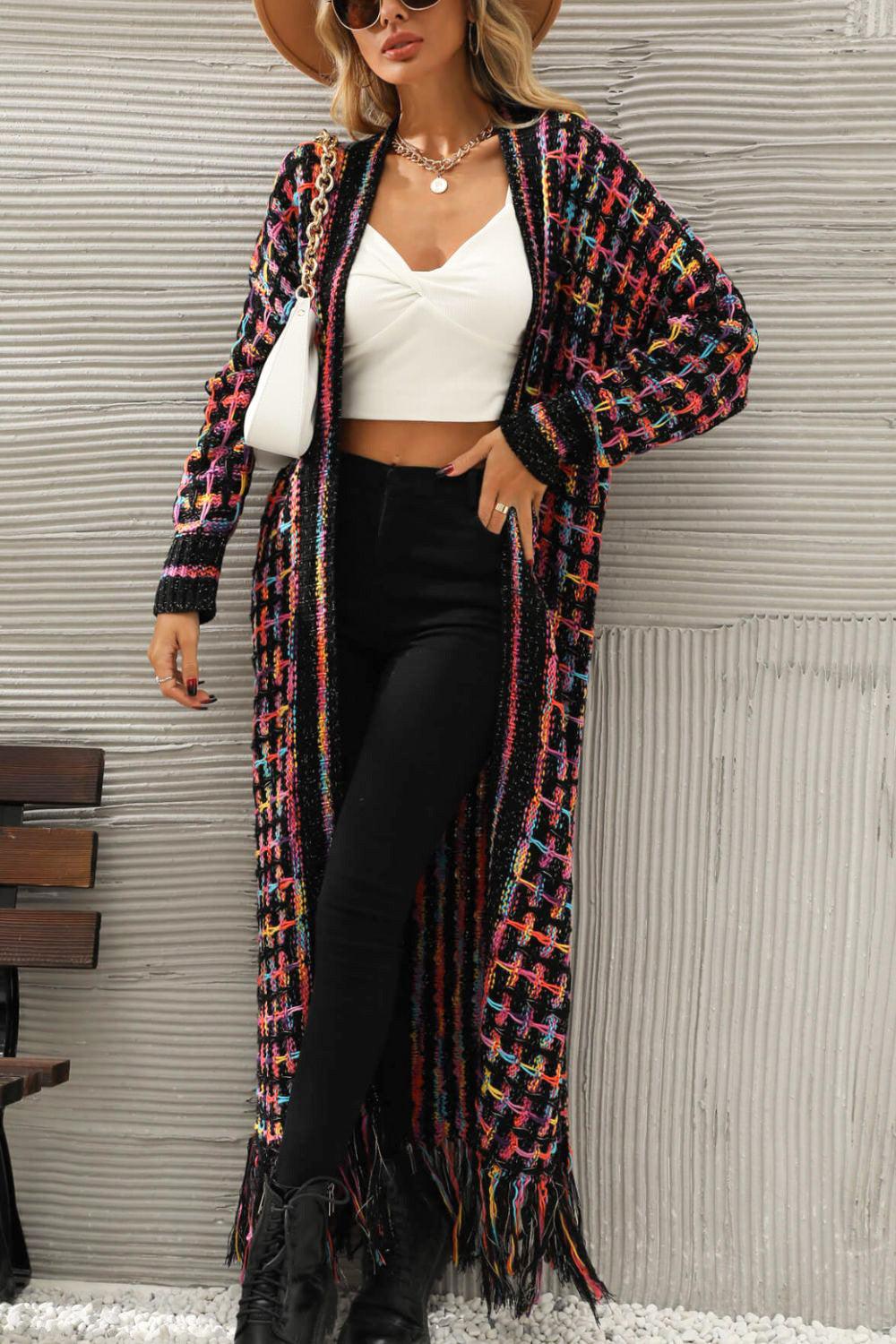 Multicolored Fringe Hem Cardigan Cardigans White