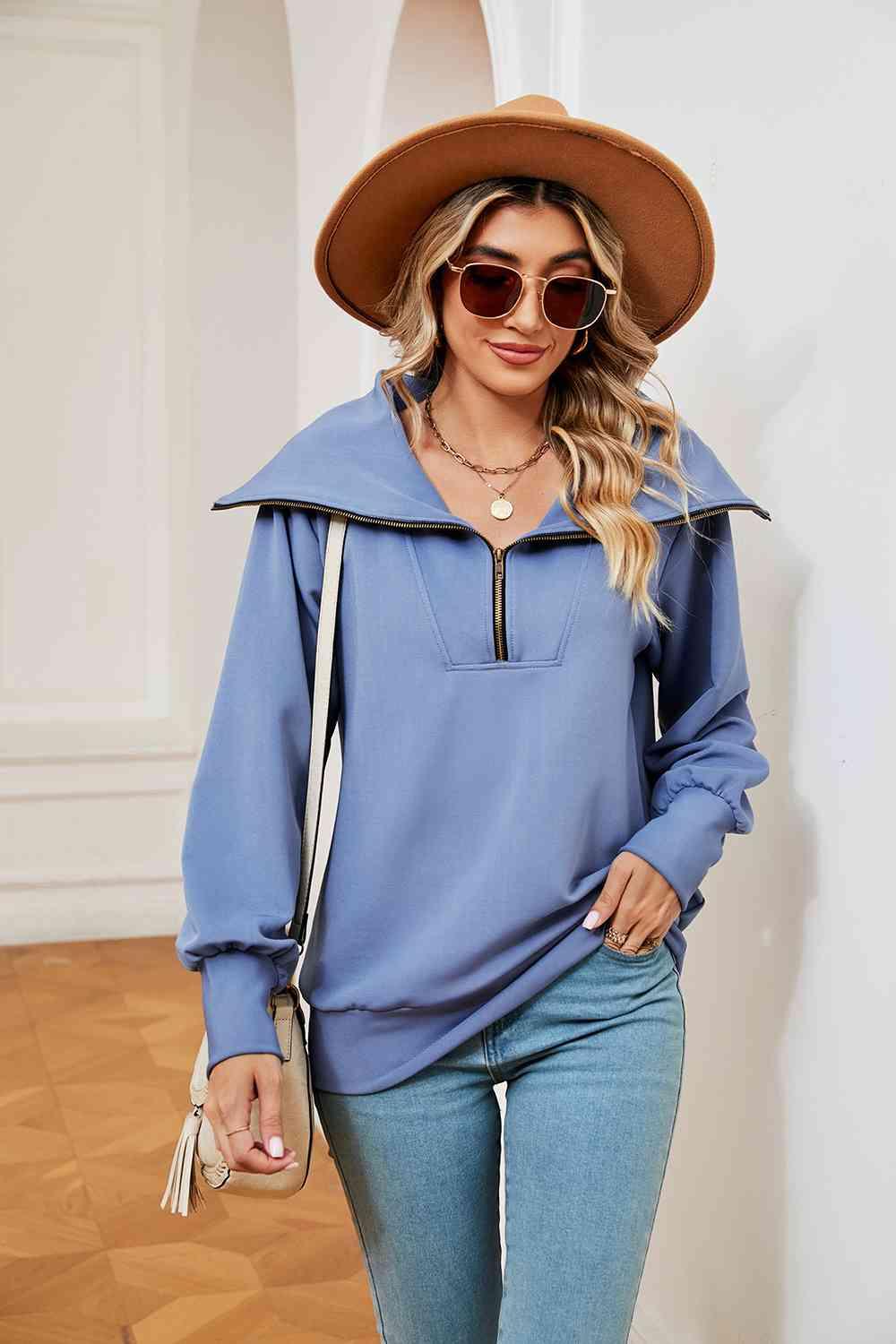 Half-Zip Collared Sweatshirt Sweatshirts Trends Sky Blue S