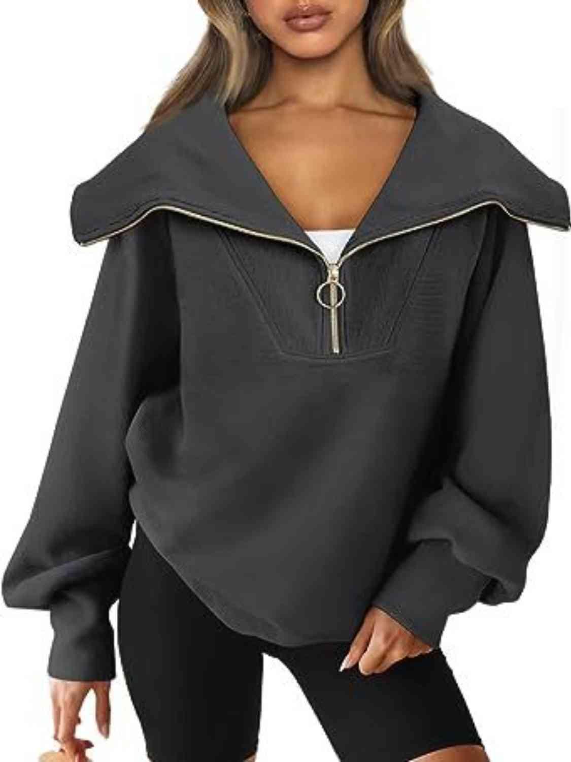 Half-Zip Lantern Sleeve Top Sweatshirts Trendsi Heather Gray S