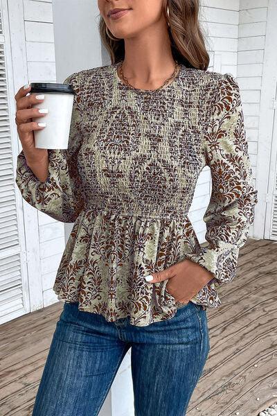 Smocked Printed Balloon Sleeve Blouse Blouses Trendsi