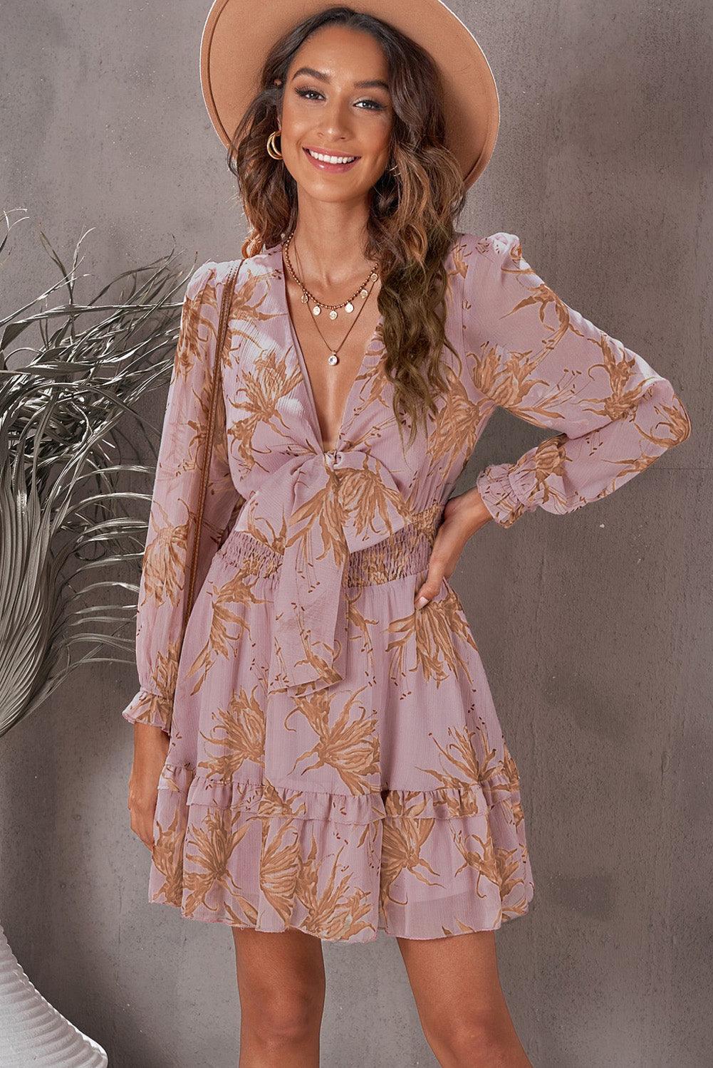 Floral Deep V Flounce Sleeve Mini Dress Dresses White Light Mauve S