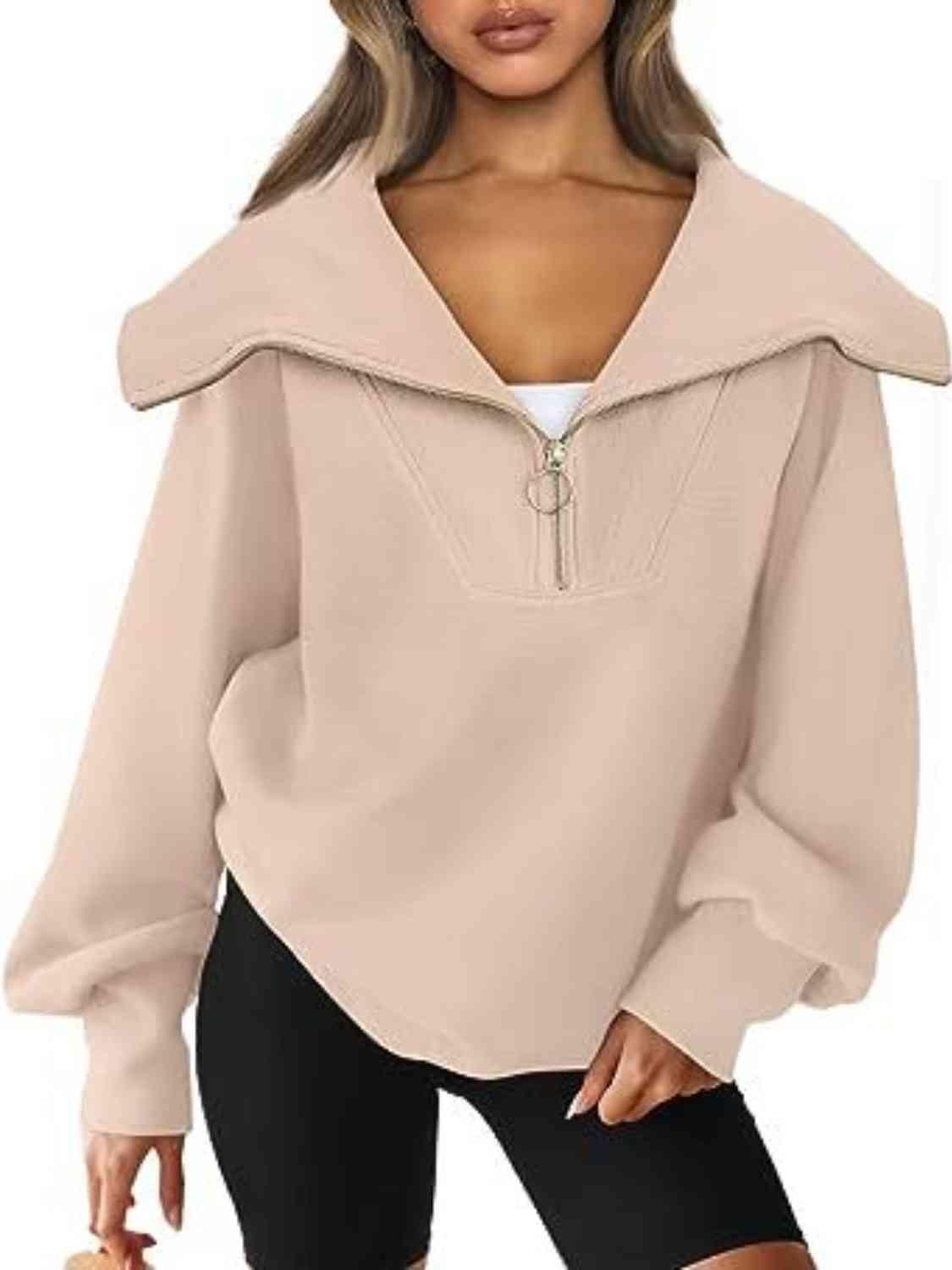 Half-Zip Lantern Sleeve Top Sweatshirts Trendsi Ivory S