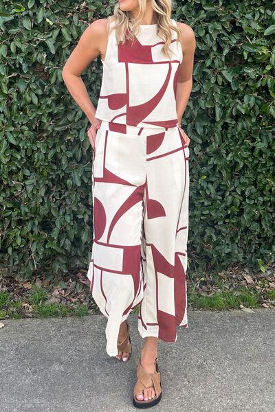 Printed Round Neck Tank and Pocketed Pants Set Pant Set Trendsi