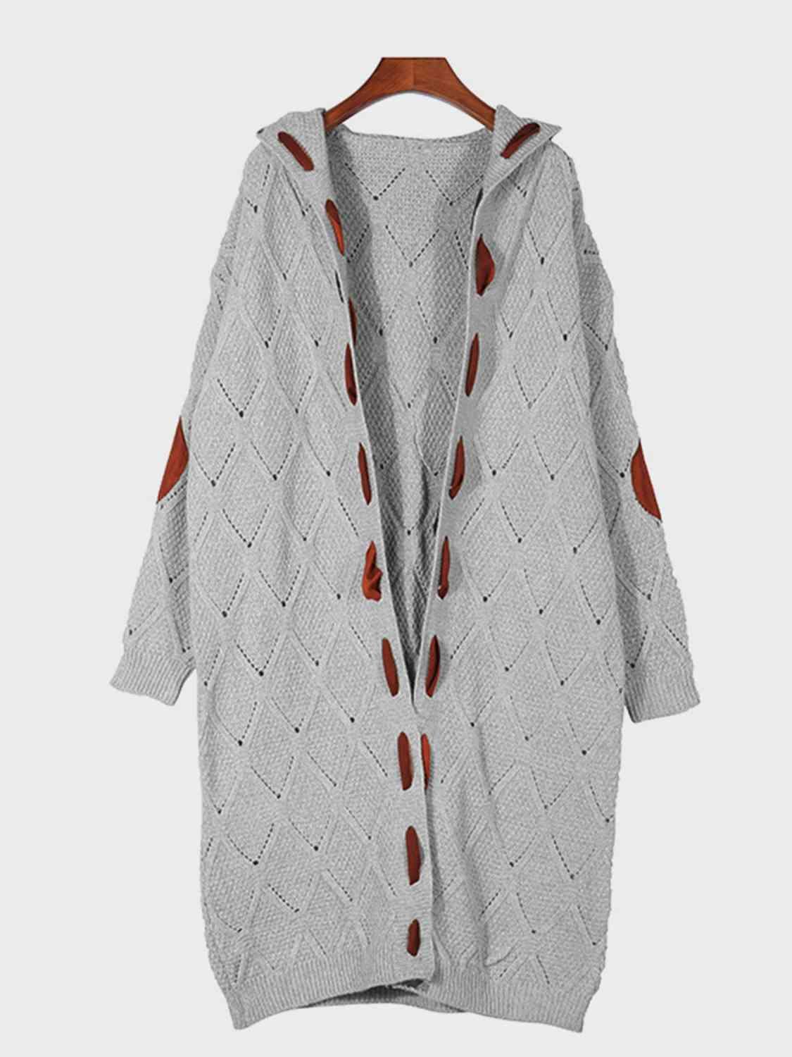 Openwork Long Sleeve Open Front Hooded Cardigan Cardigans Trendsi Heather Gray S