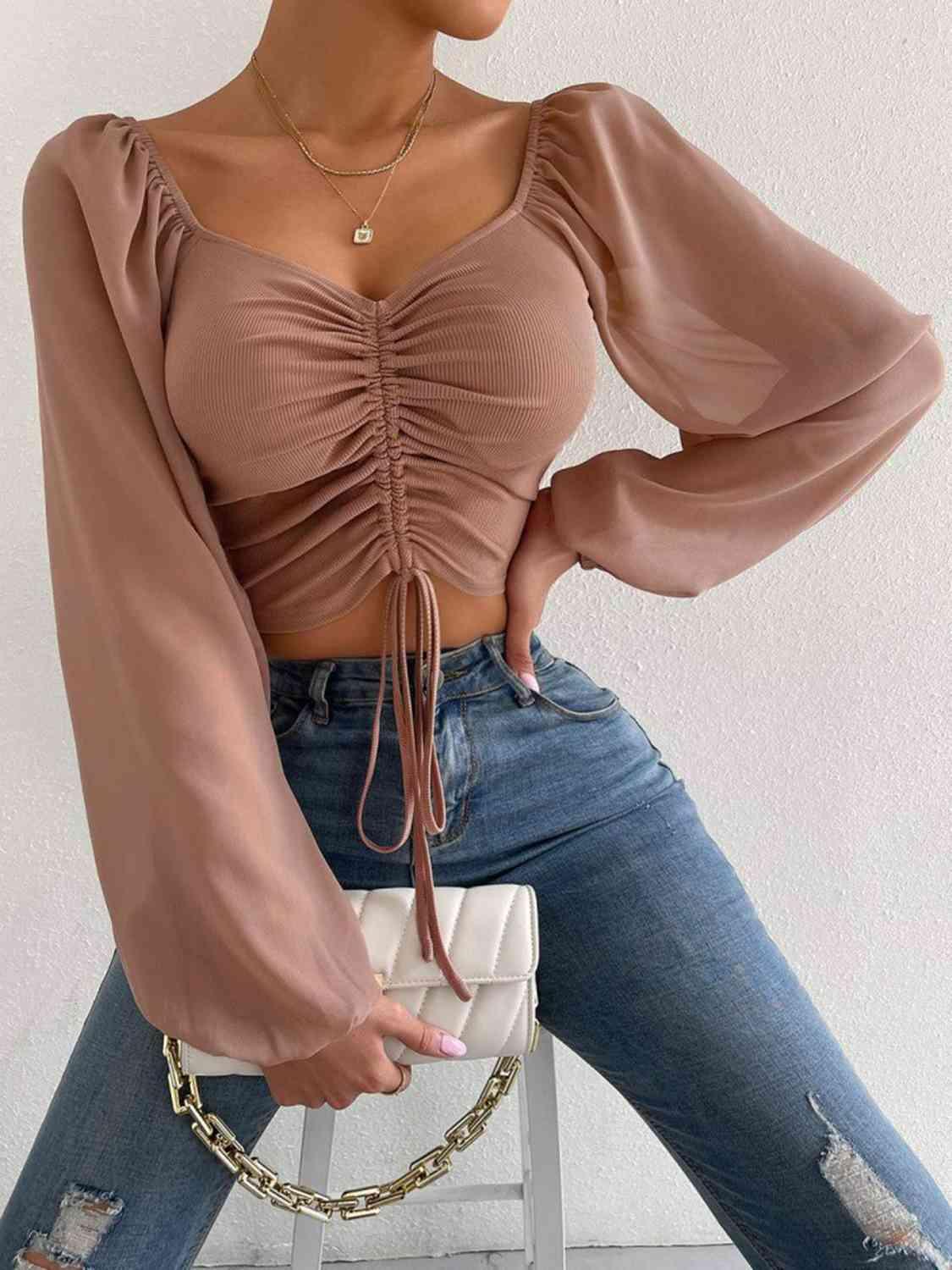 Drawstring Sweetheart Neck Crop Top Blouses Trendsi Camel S