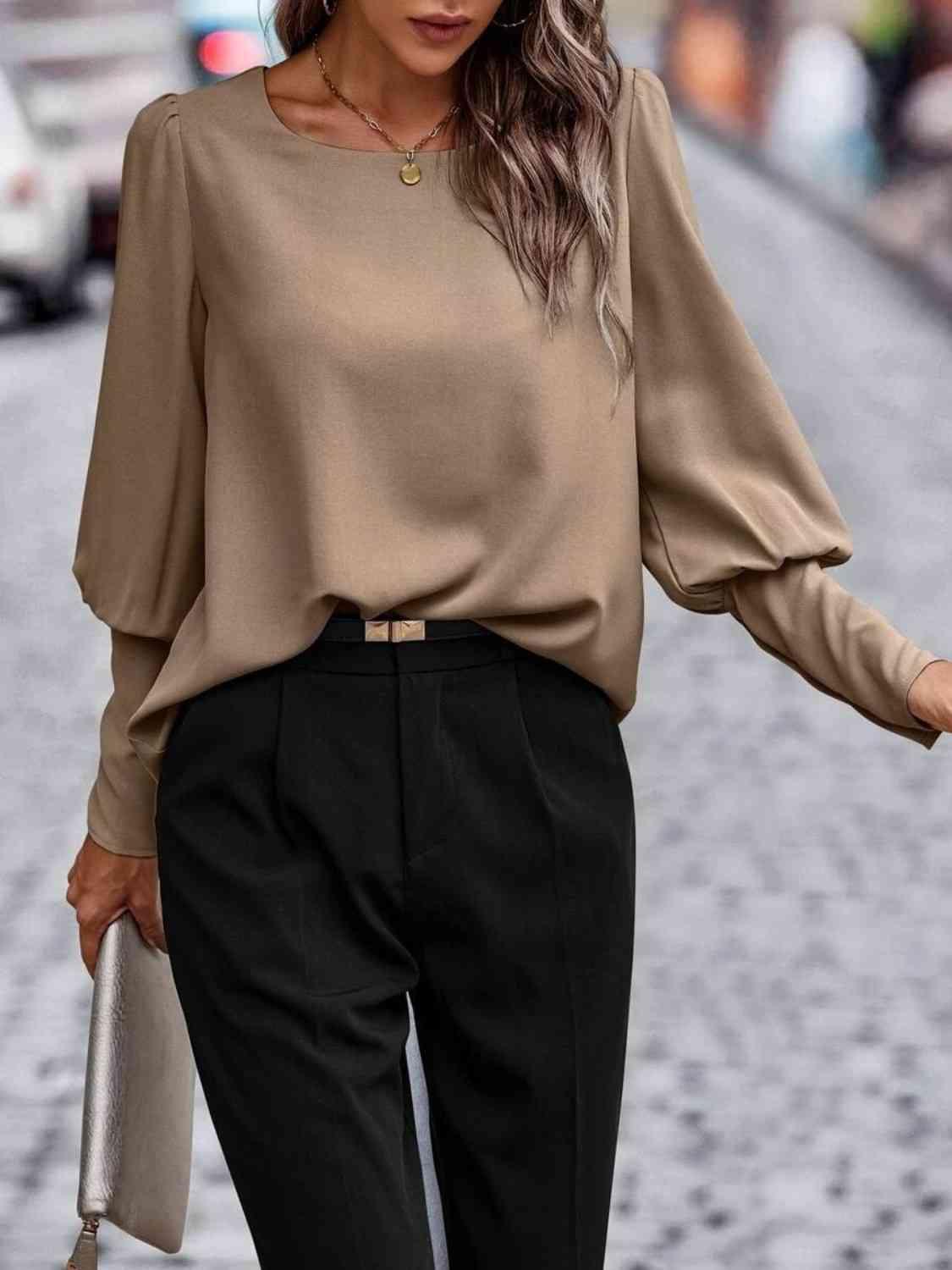 Round Neck Lantern Sleeve Blouse Blouses Trends Taupe S