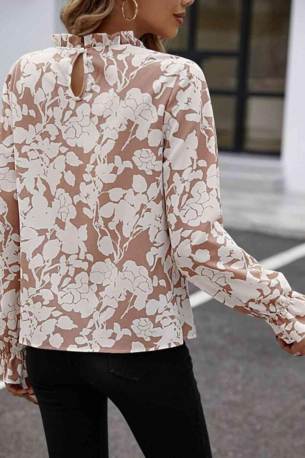 Floral Print Mock Neck Flounce Sleeve Blouse Blouses Trendsi