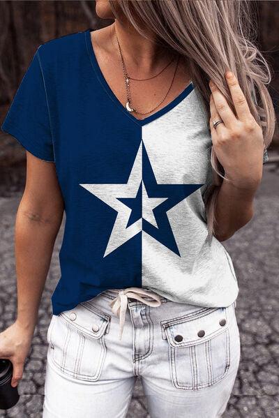 Star Contrast V-Neck Short Sleeve T-Shirt T-Shirts Trends Navy S