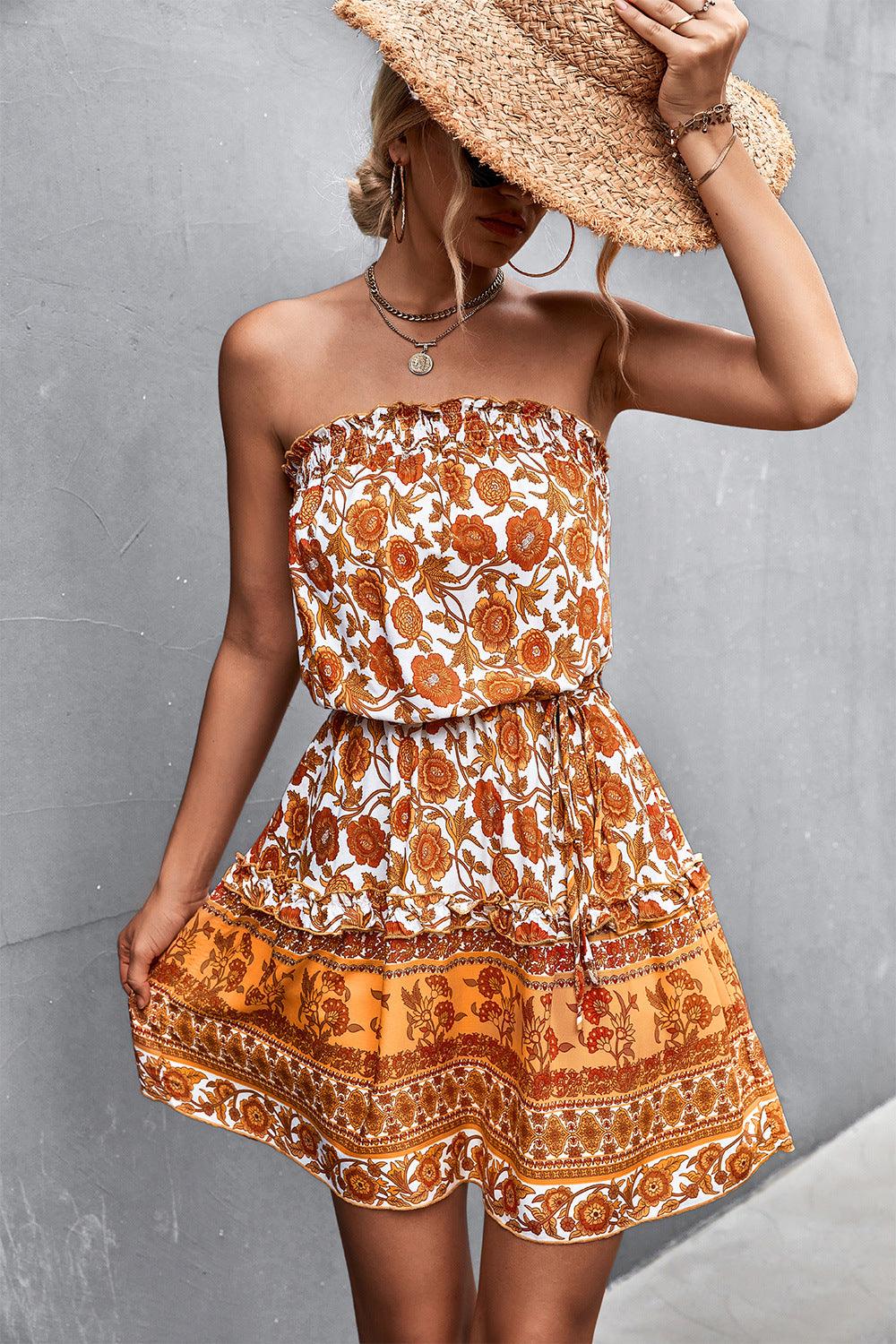 Bohemian Frill Trim Strapless Dress Dresses White